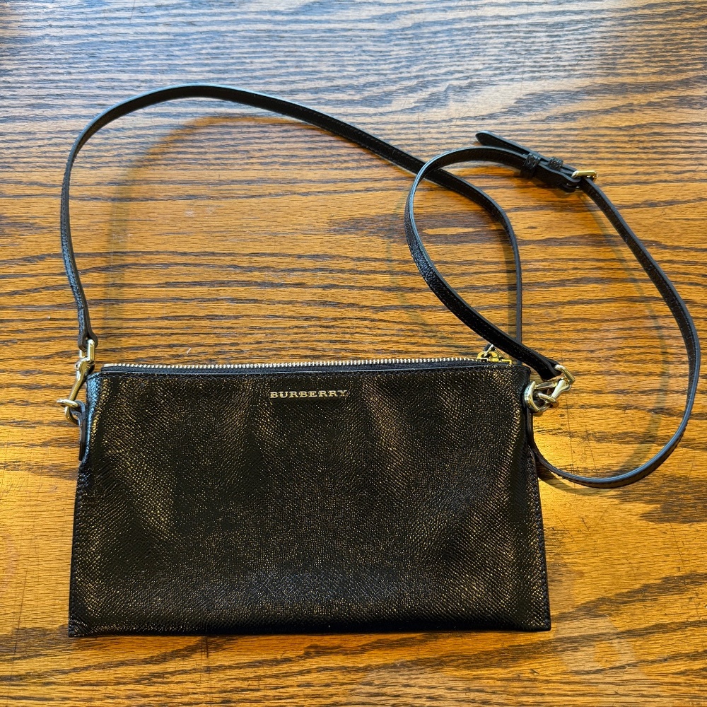 Burberry Crossbody Purse Black Calf Grain Leather Small Black Gold Hardware